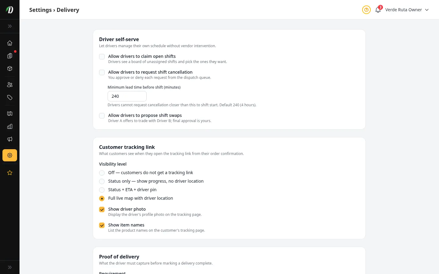 DabDash delivery settings page showing four sections: driver self-serve options, the customer tracking link, proof of delivery requirements, and the driver notifications kill-switch