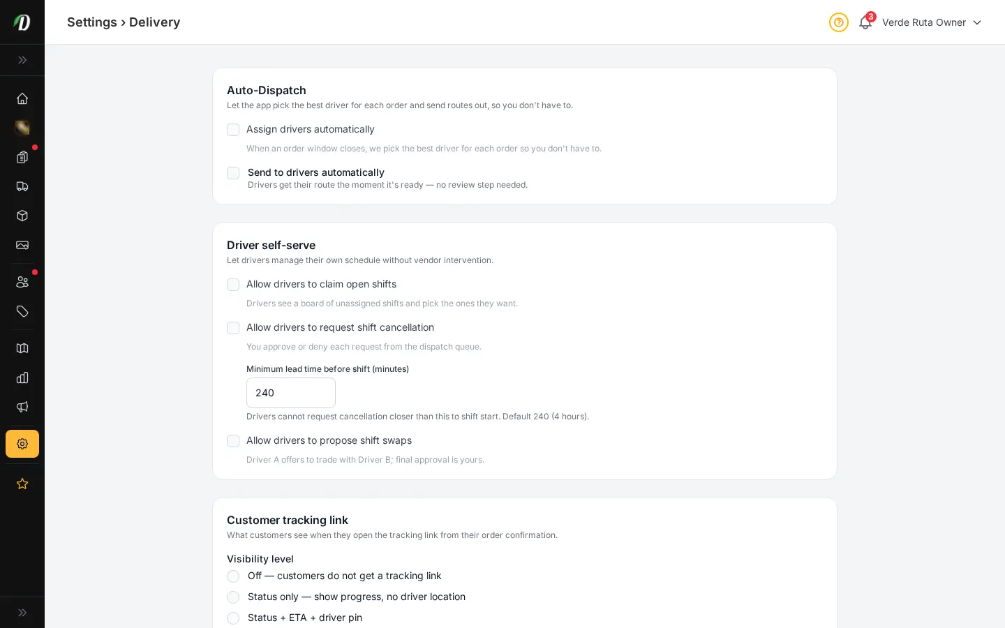 DabDash delivery settings page showing driver self-serve options, customer tracking visibility, proof of delivery requirements, and notification controls