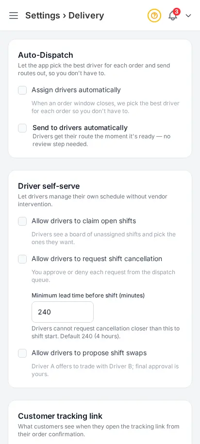 DabDash delivery settings page showing driver self-serve options, customer tracking visibility, proof of delivery requirements, and notification controls
