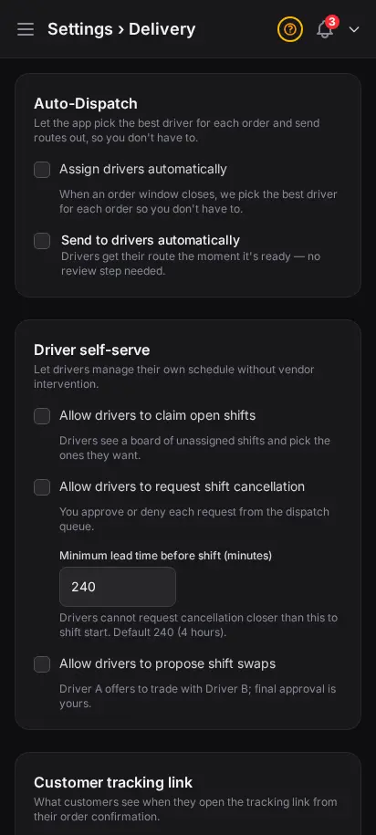 DabDash delivery settings page showing driver self-serve options, customer tracking visibility, proof of delivery requirements, and notification controls