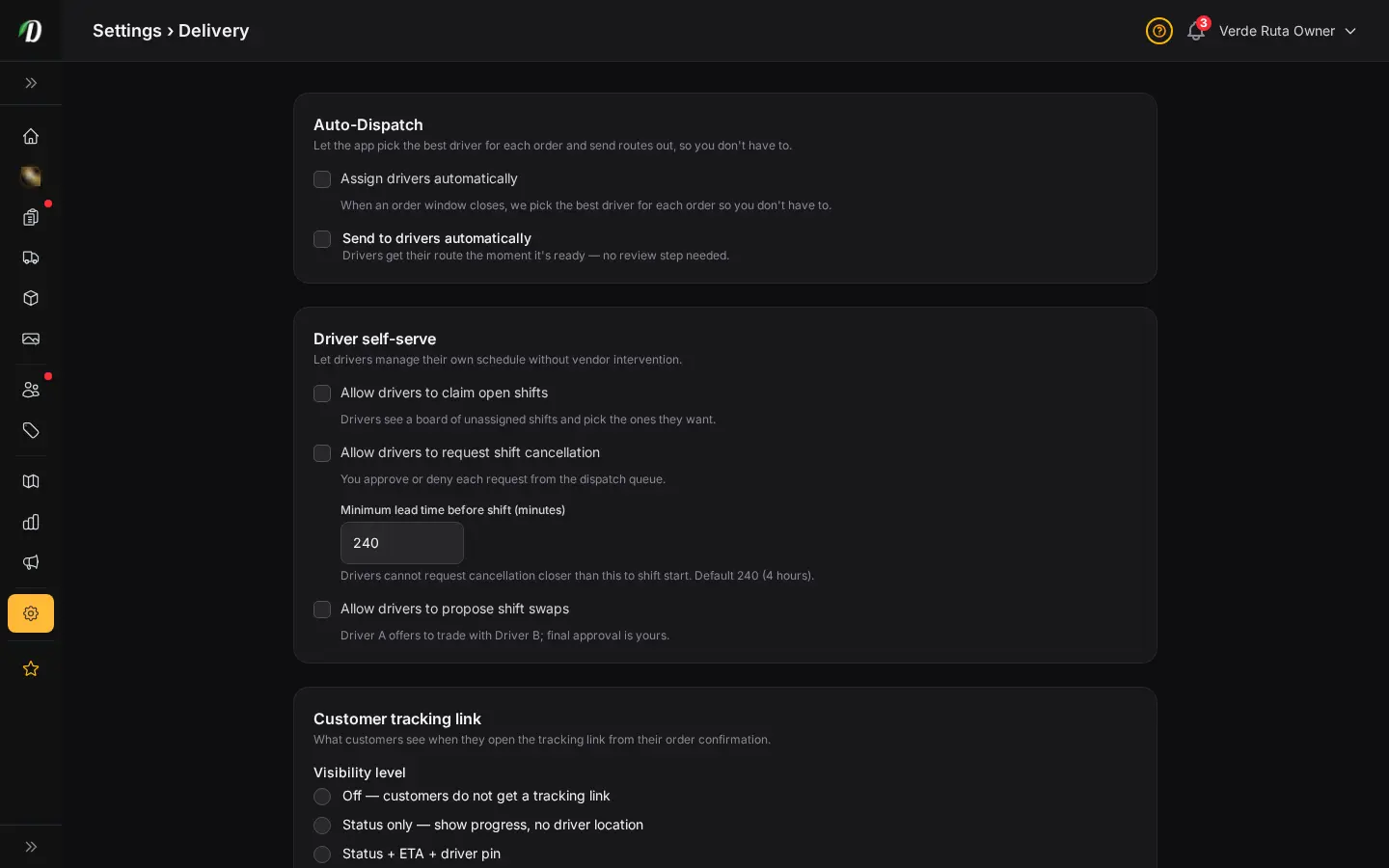 DabDash delivery settings page showing driver self-serve options, customer tracking visibility, proof of delivery requirements, and notification controls