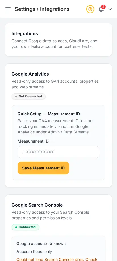 DabDash integrations page showing Google Analytics, Search Console, Cloudflare, and Firebase connection cards