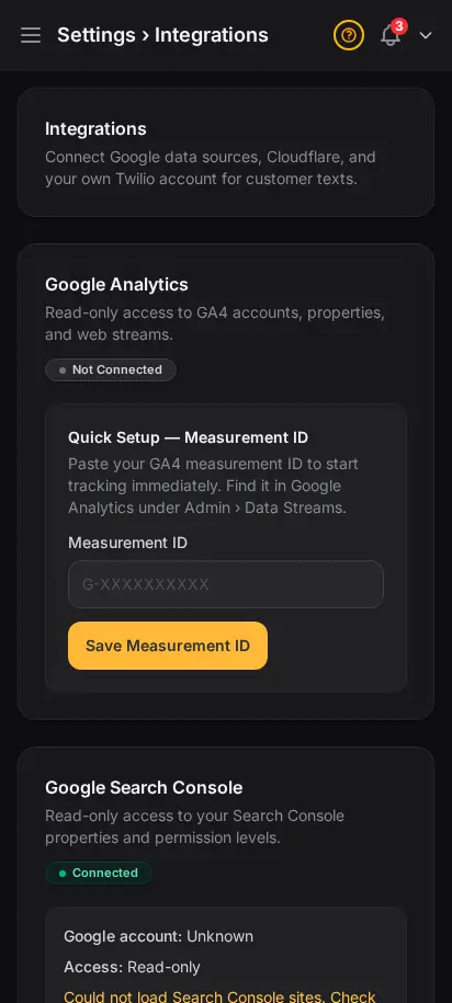 DabDash integrations page showing Google Analytics, Search Console, Cloudflare, and Firebase connection cards