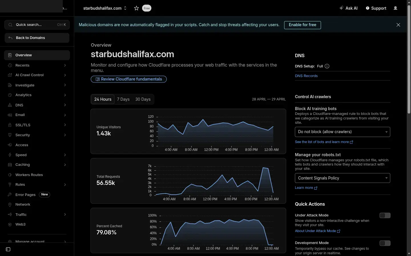 Cloudflare zone overview for a domain showing Active status, traffic charts, and the left-hand navigation menu with Overview, DNS, SSL/TLS, Speed, and Network sections
