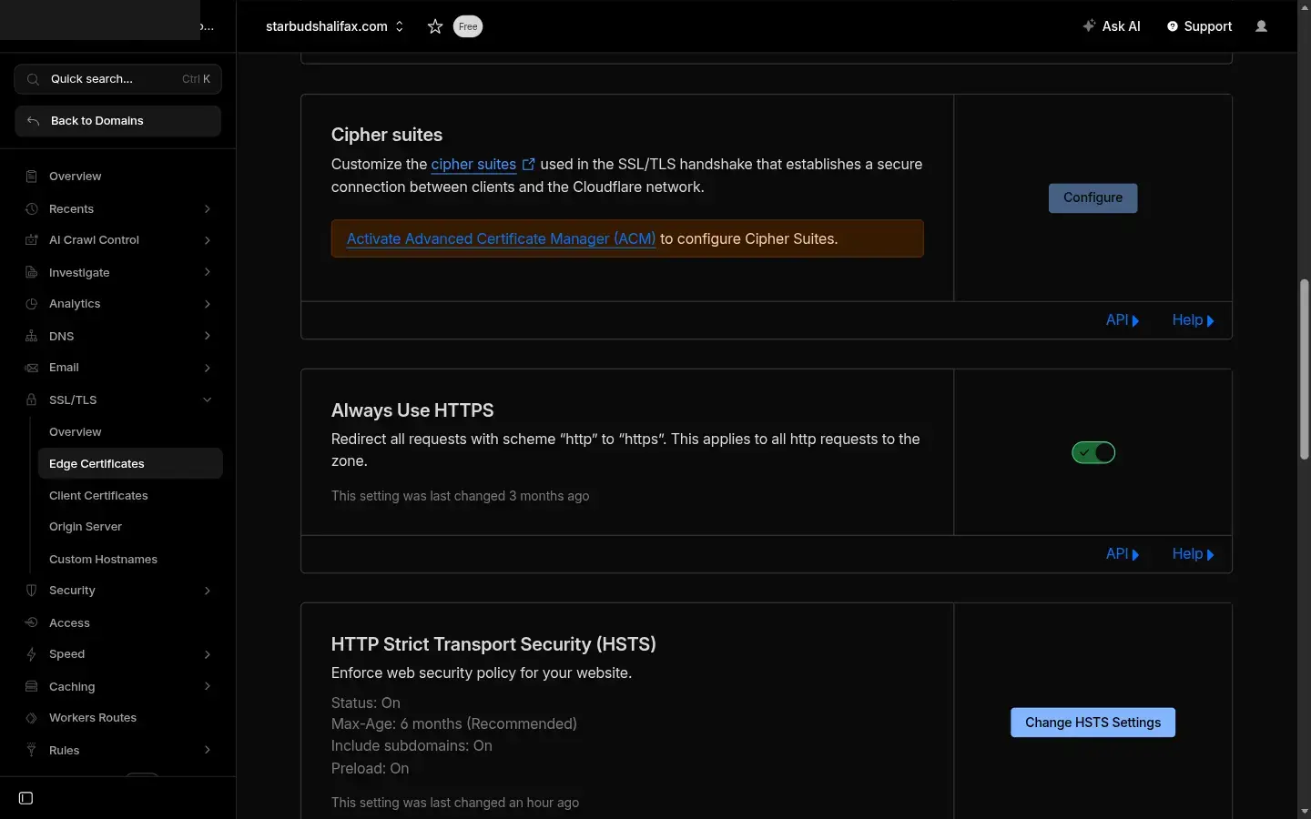 Cloudflare Edge Certificates page showing the Always Use HTTPS toggle in the enabled (green) state