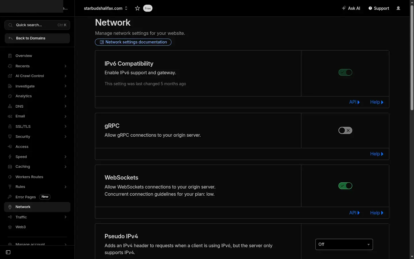 Cloudflare Network settings page showing IPv6 Compatibility toggle in the enabled (green) state