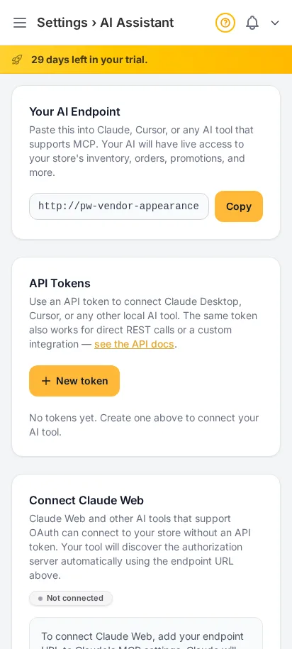 DabDash AI Assistant settings showing MCP endpoint URL and API token management