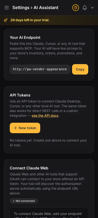 DabDash AI Assistant settings showing MCP endpoint URL and API token management