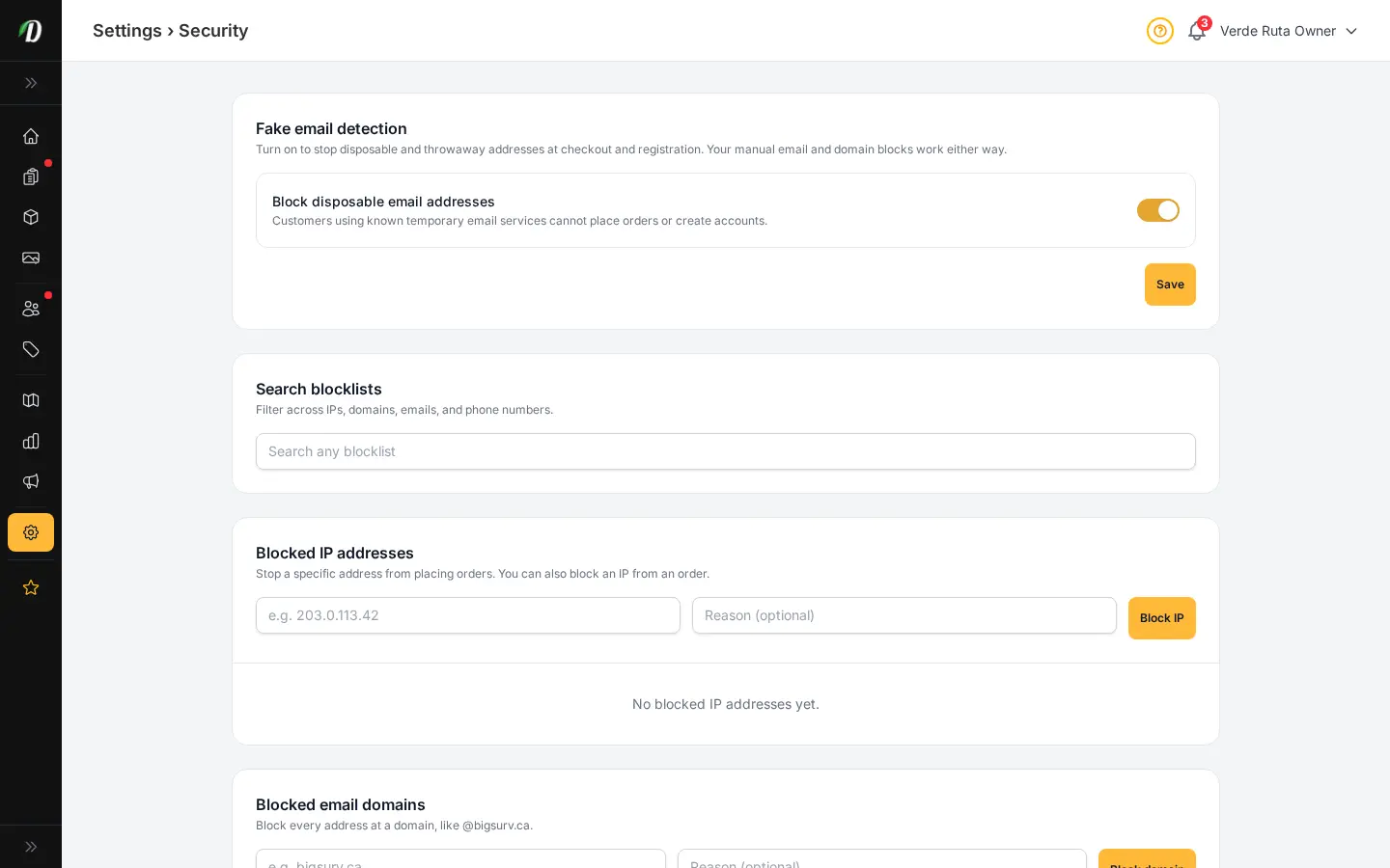 DabDash security settings showing disposable email detection and searchable IP, domain, email, and phone blocklists