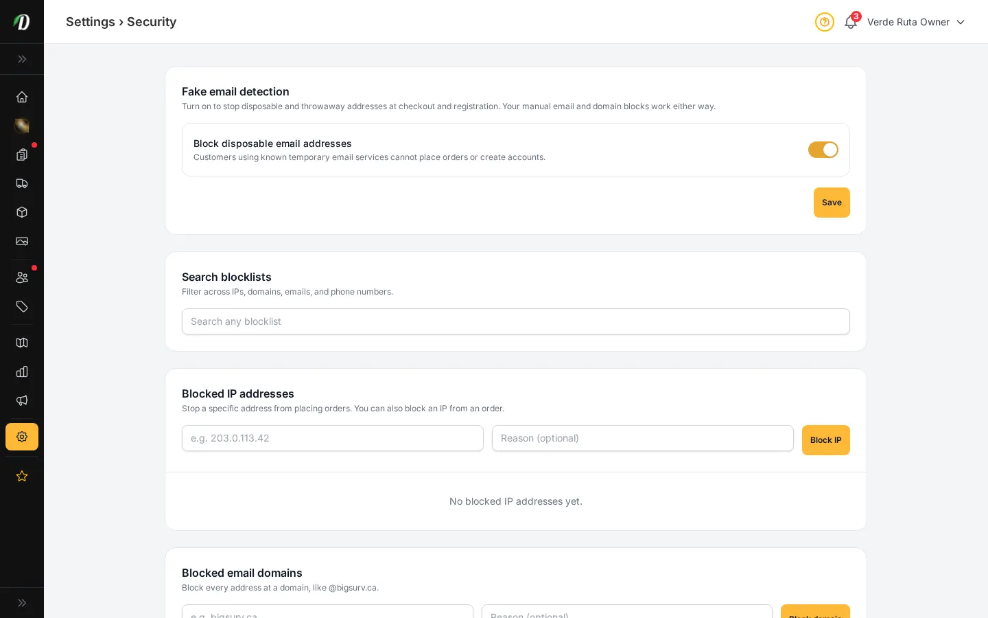 DabDash security settings showing disposable email detection and searchable IP, domain, email, and phone blocklists