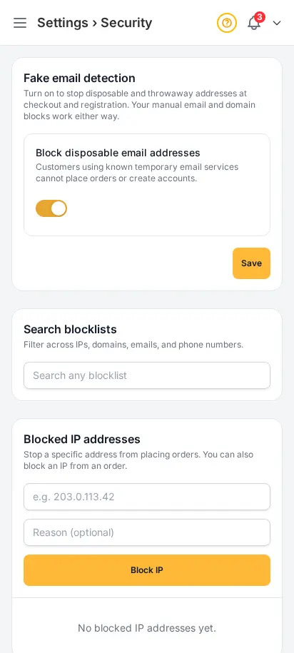 DabDash security settings showing disposable email detection and searchable IP, domain, email, and phone blocklists