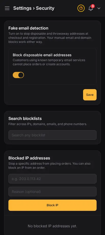 DabDash security settings showing disposable email detection and searchable IP, domain, email, and phone blocklists