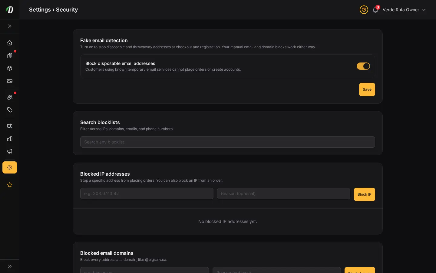 DabDash security settings showing disposable email detection and searchable IP, domain, email, and phone blocklists