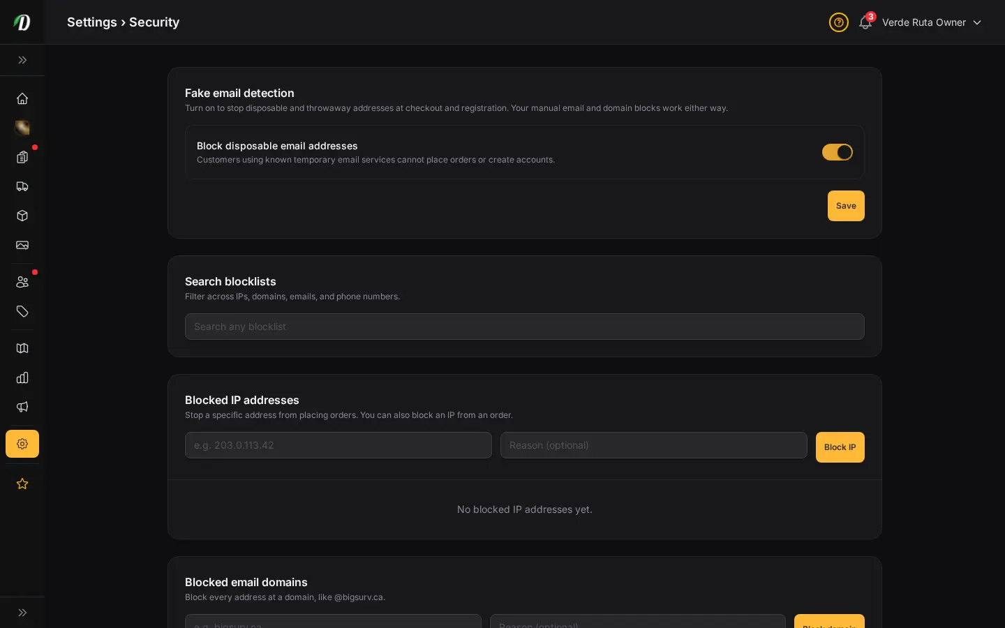 DabDash security settings showing disposable email detection and searchable IP, domain, email, and phone blocklists