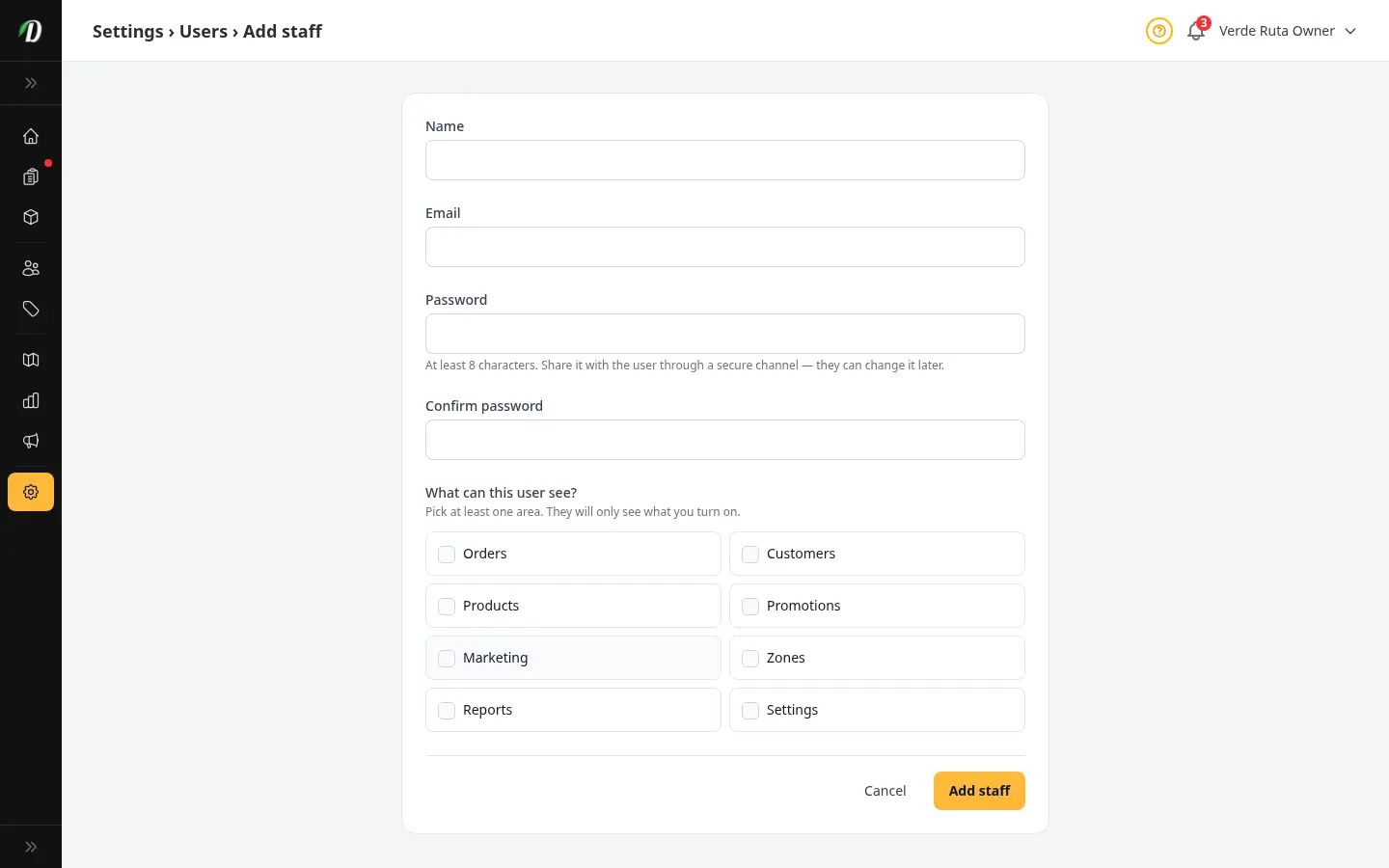 Add staff form showing name, email, password, and permission checkboxes for eight areas