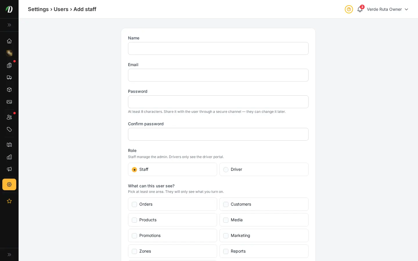 DabDash add staff user form showing name, email, password, and per-area permission checkboxes