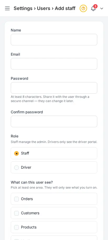 DabDash add staff user form showing name, email, password, and per-area permission checkboxes — mobile view