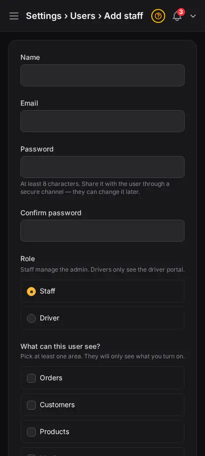 DabDash add staff user form showing name, email, password, and per-area permission checkboxes — mobile view