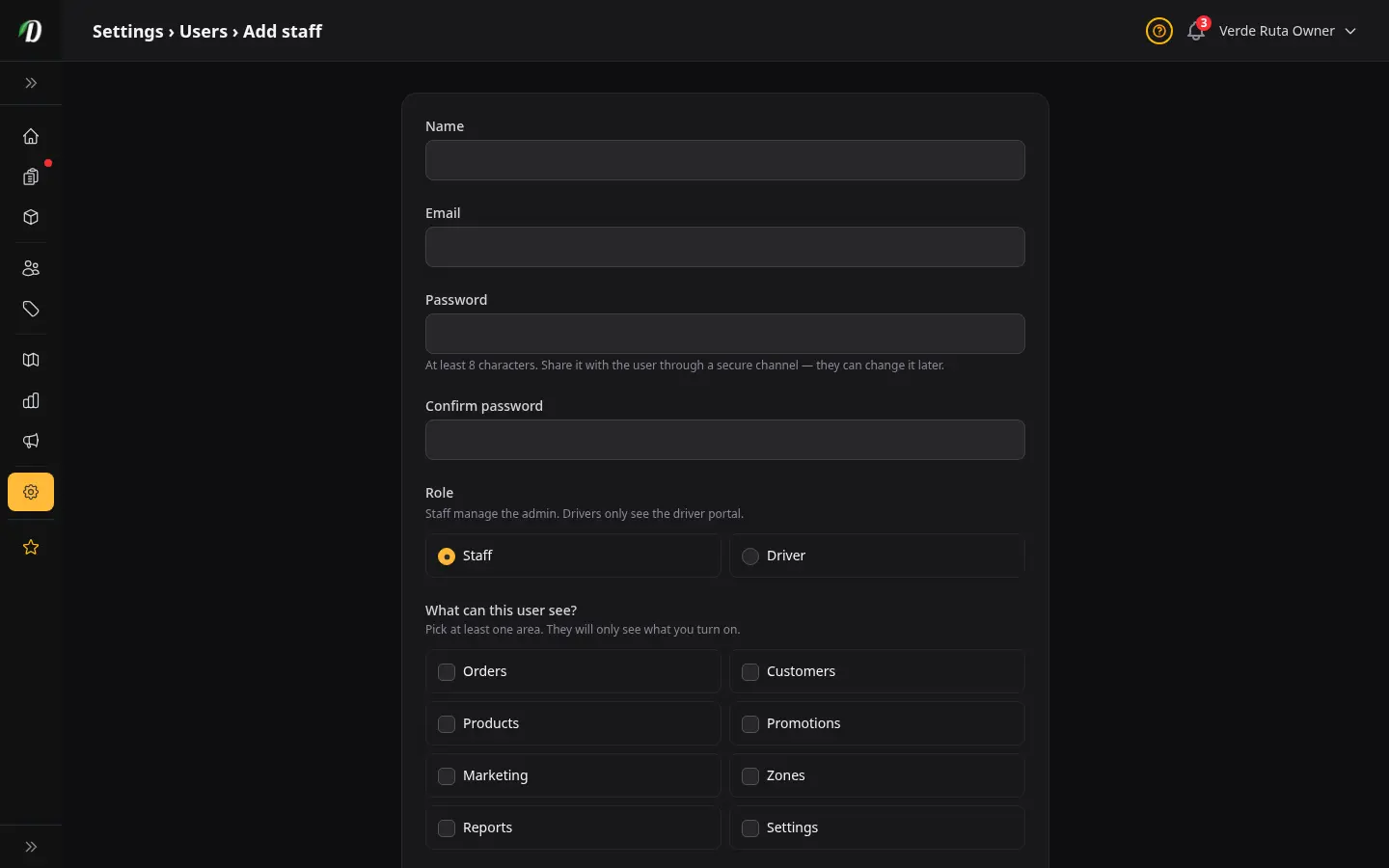 DabDash add staff user form showing name, email, password, and per-area permission checkboxes