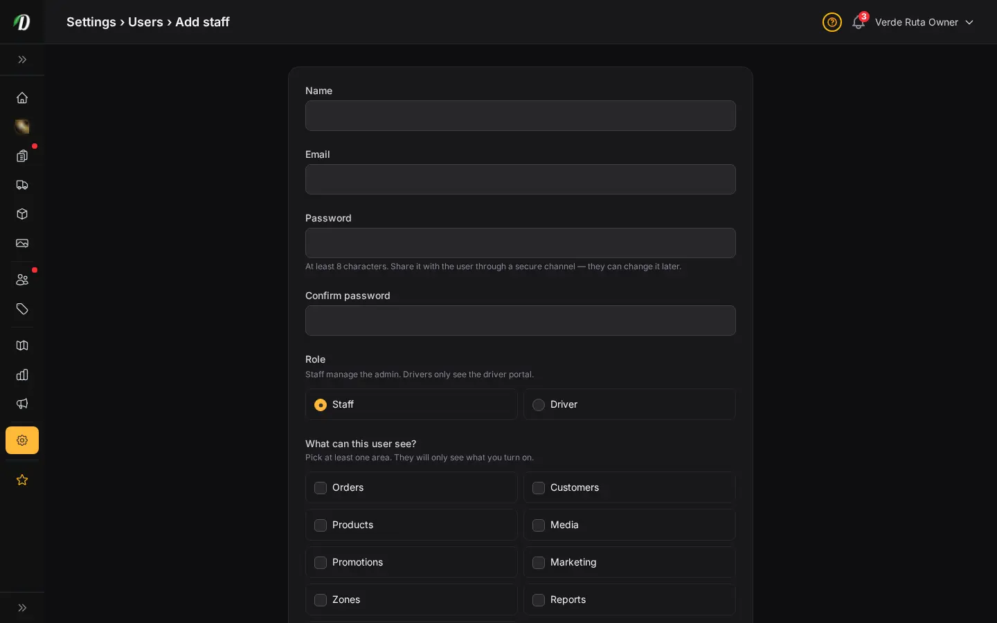 DabDash add staff user form showing name, email, password, and per-area permission checkboxes