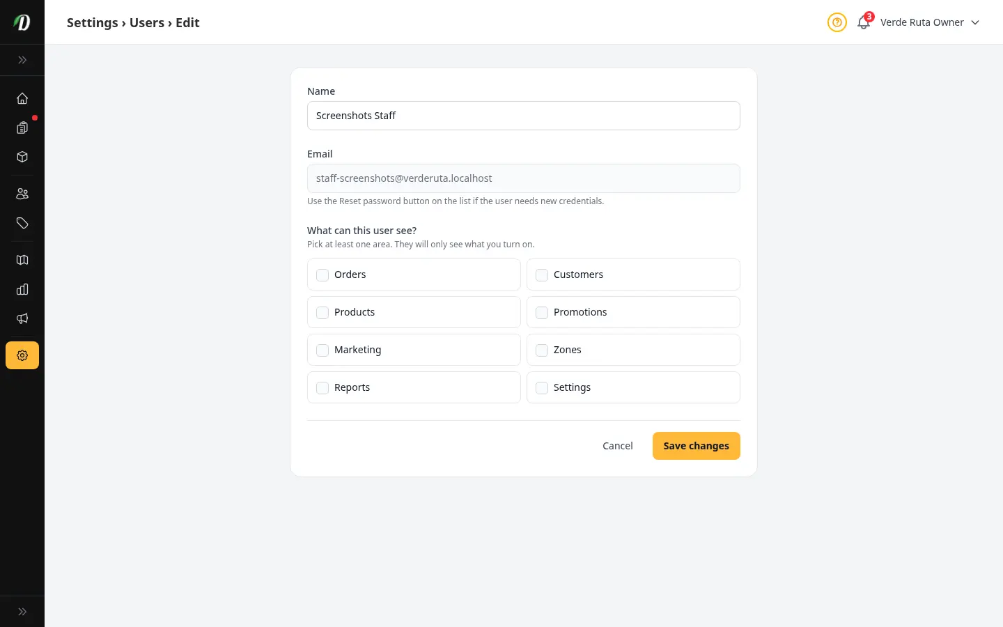 Edit staff form showing the name field, disabled email, and permission area checkboxes
