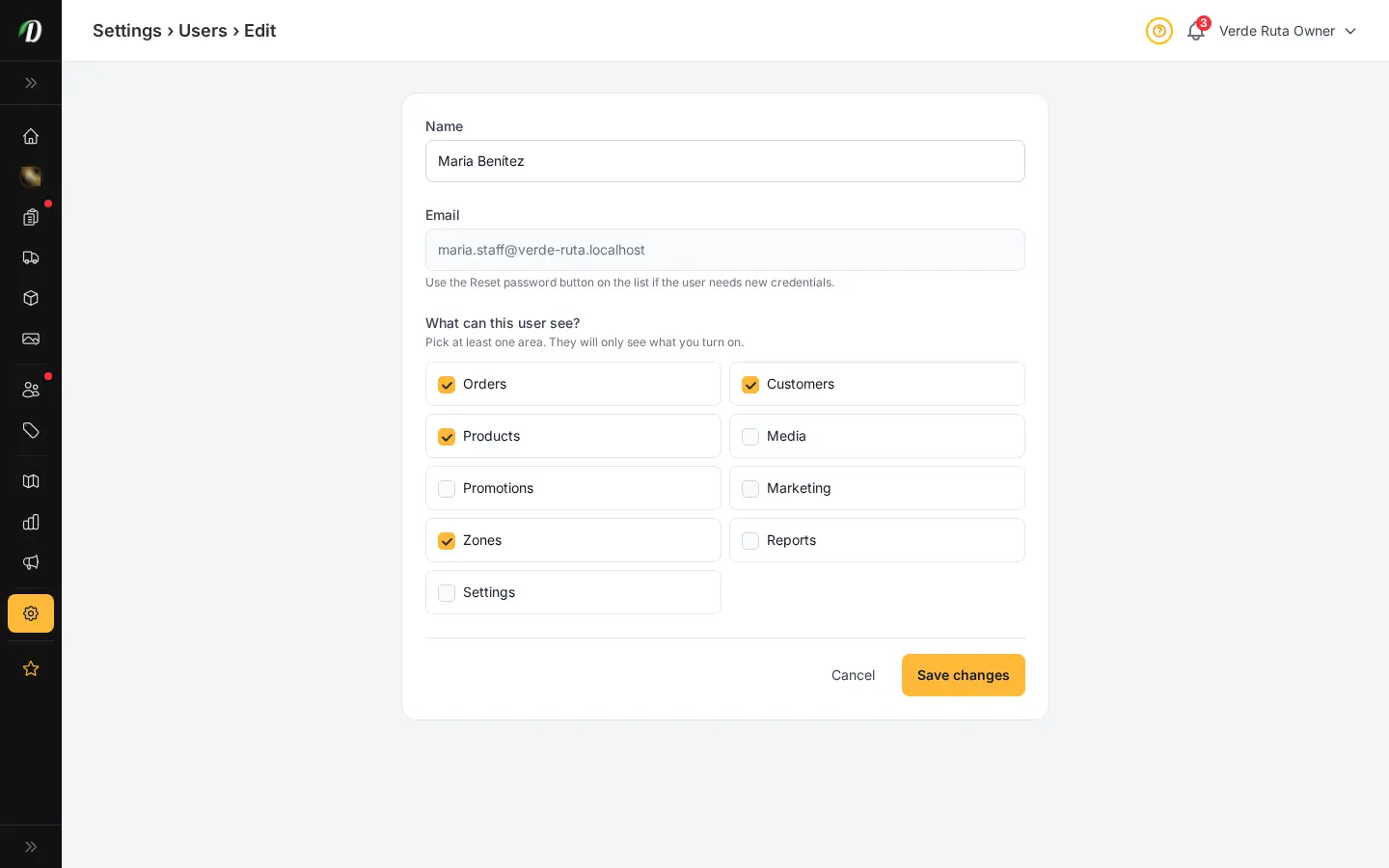 DabDash edit staff user page showing the saved permissions ready to update for an existing team member
