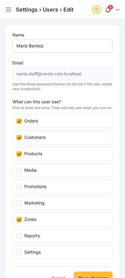 DabDash edit staff user page showing the saved permissions ready to update for an existing team member — mobile view
