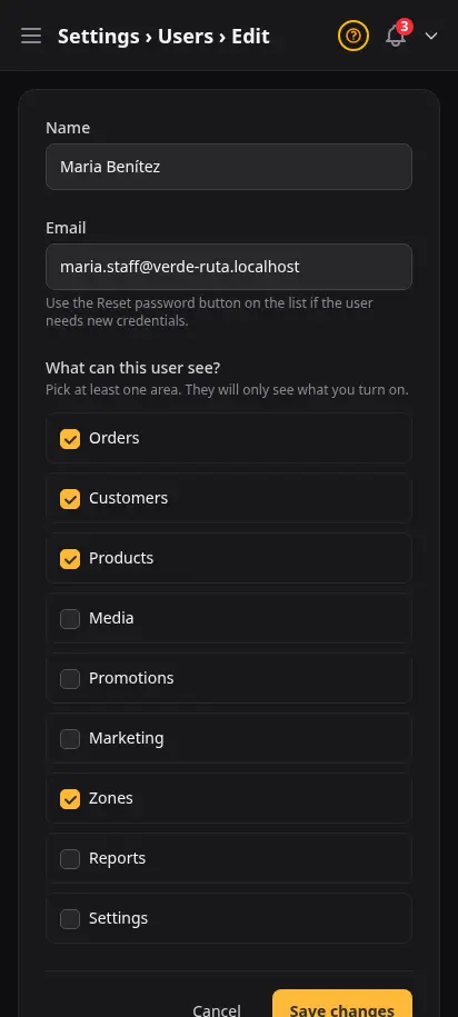 DabDash edit staff user page showing the saved permissions ready to update for an existing team member — mobile view
