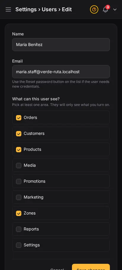 DabDash edit staff user page showing the saved permissions ready to update for an existing team member — mobile view