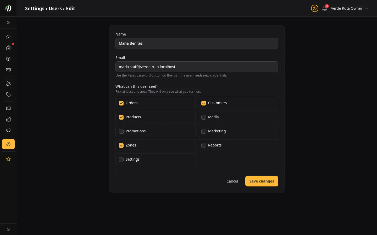 DabDash edit staff user page showing the saved permissions ready to update for an existing team member