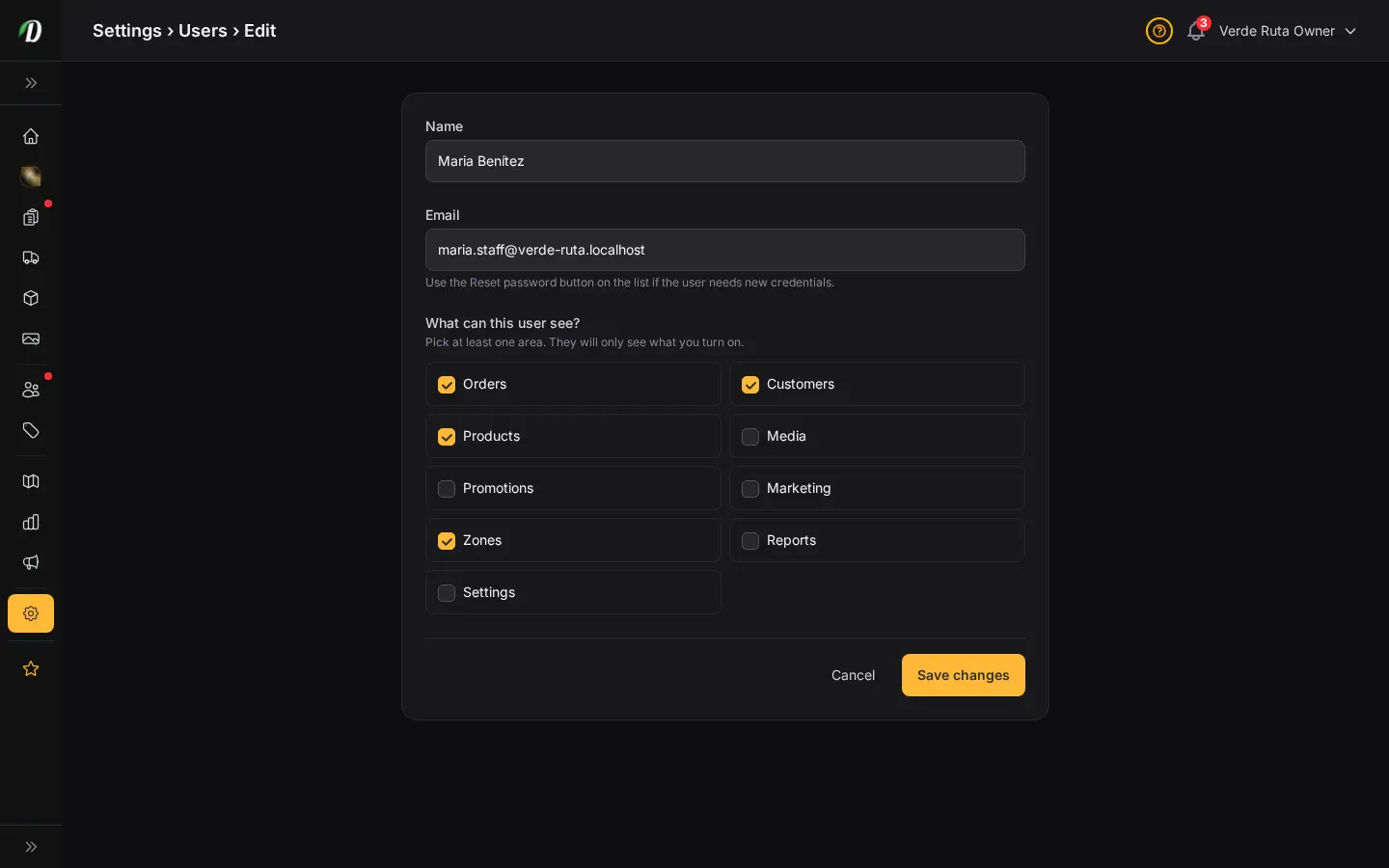 DabDash edit staff user page showing the saved permissions ready to update for an existing team member