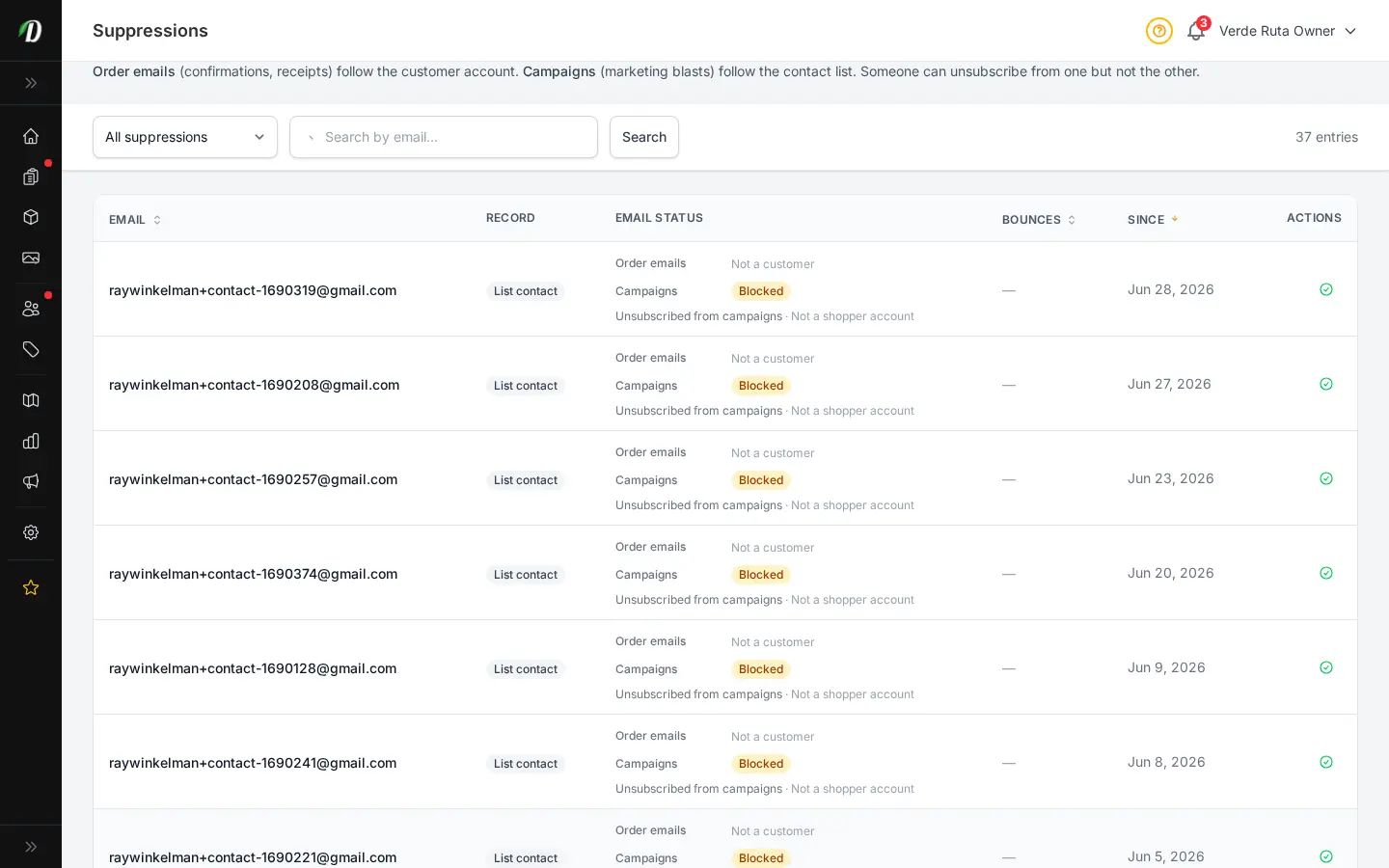 DabDash suppressions page showing blocked emails with bounce counts, sources, and lift actions