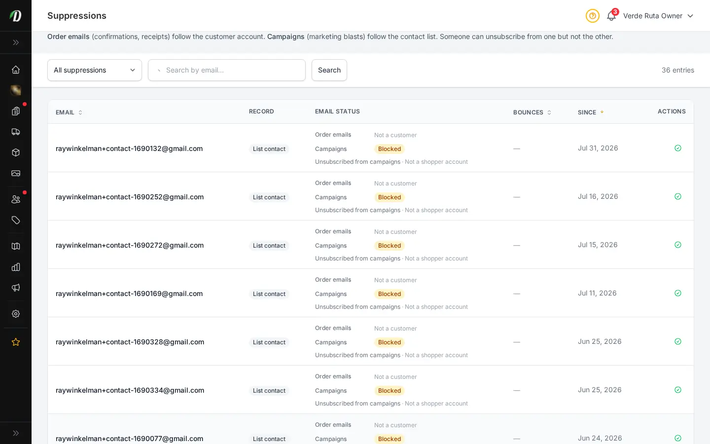 DabDash suppressions page showing blocked emails with bounce counts, sources, and lift actions