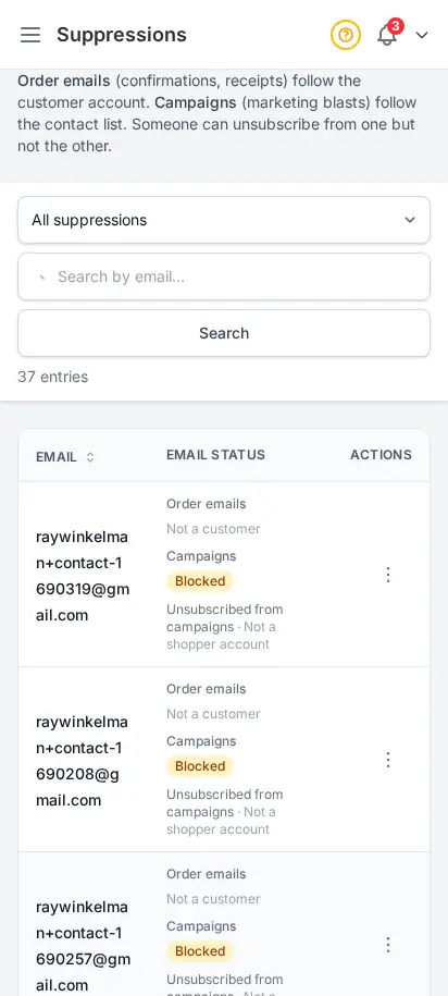 DabDash suppressions page showing blocked emails with bounce counts, sources, and lift actions