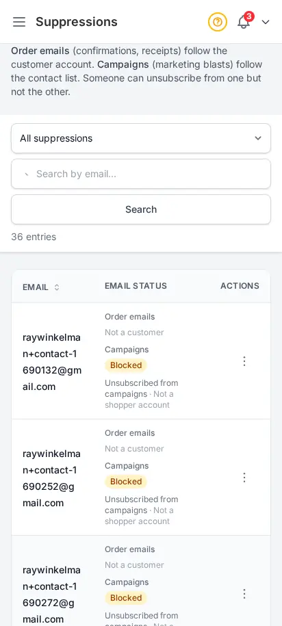 DabDash suppressions page showing blocked emails with bounce counts, sources, and lift actions