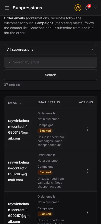 DabDash suppressions page showing blocked emails with bounce counts, sources, and lift actions