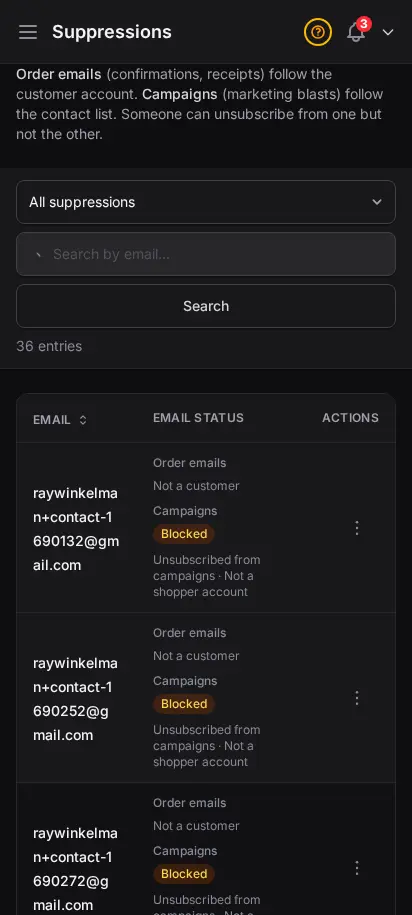 DabDash suppressions page showing blocked emails with bounce counts, sources, and lift actions