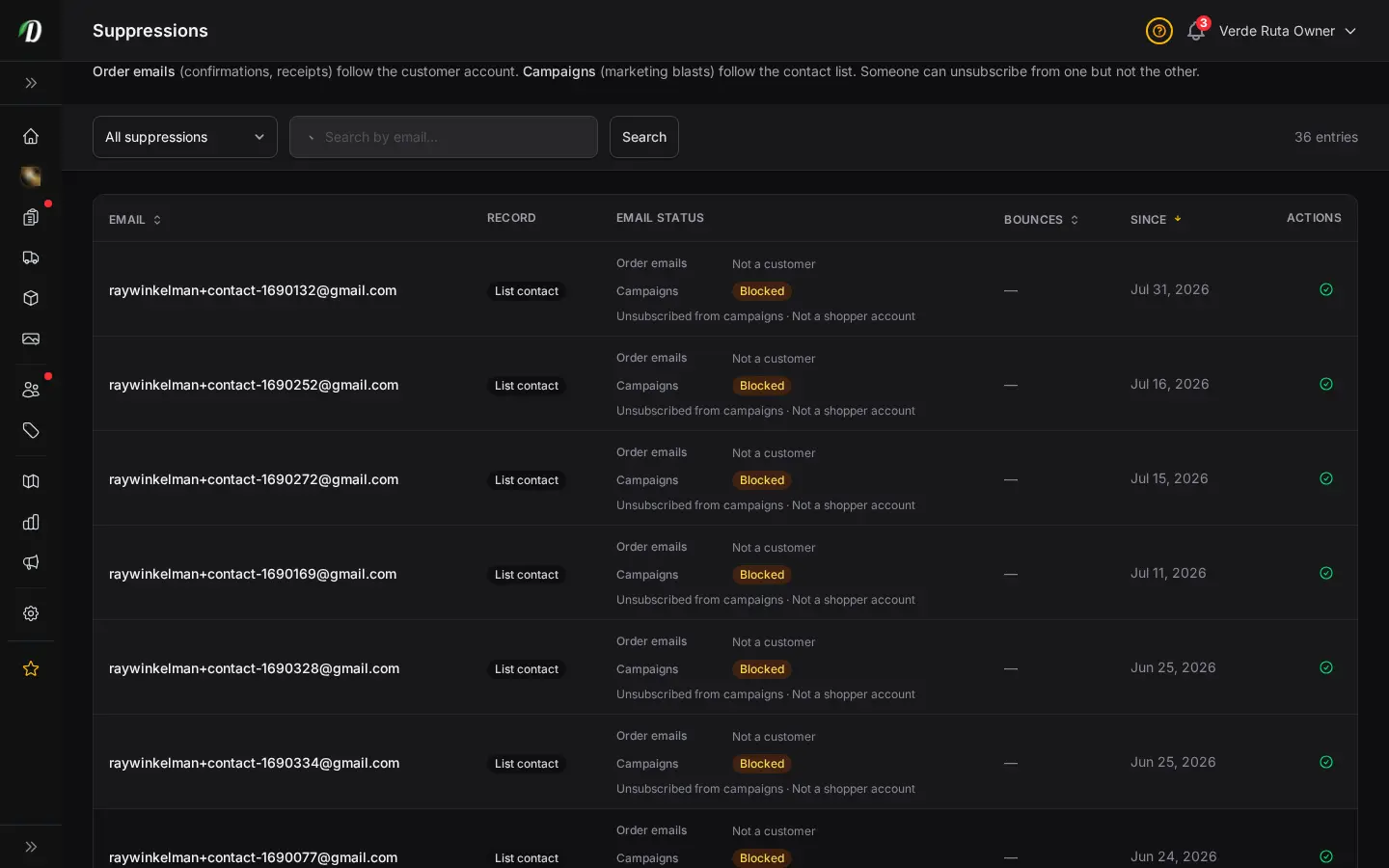DabDash suppressions page showing blocked emails with bounce counts, sources, and lift actions