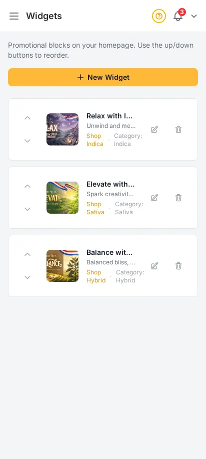 DabDash widget list showing homepage promo cards with images, links, and active status — mobile view