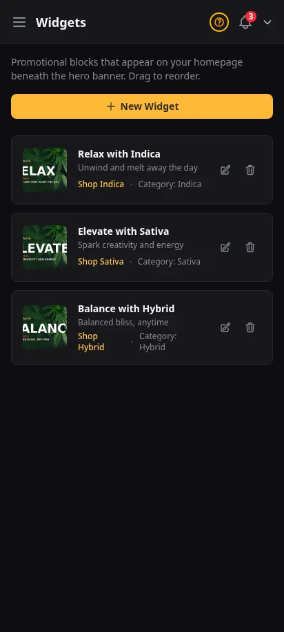 DabDash widget list showing homepage promo cards with images, links, and active status — mobile view