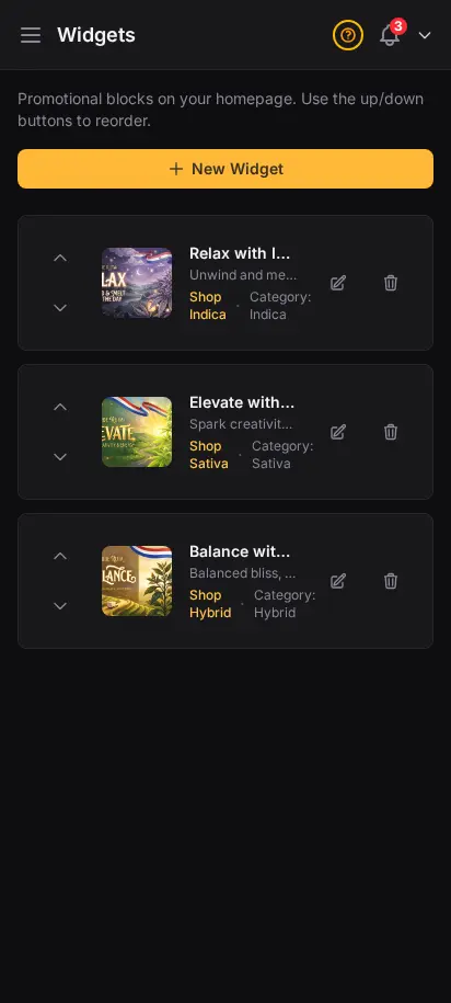 DabDash widget list showing homepage promo cards with images, links, and active status — mobile view