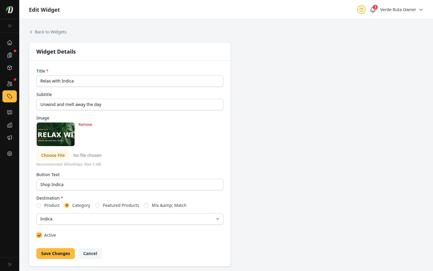DabDash widget edit form showing headline, subtitle, image upload, button text, destination, and active toggle