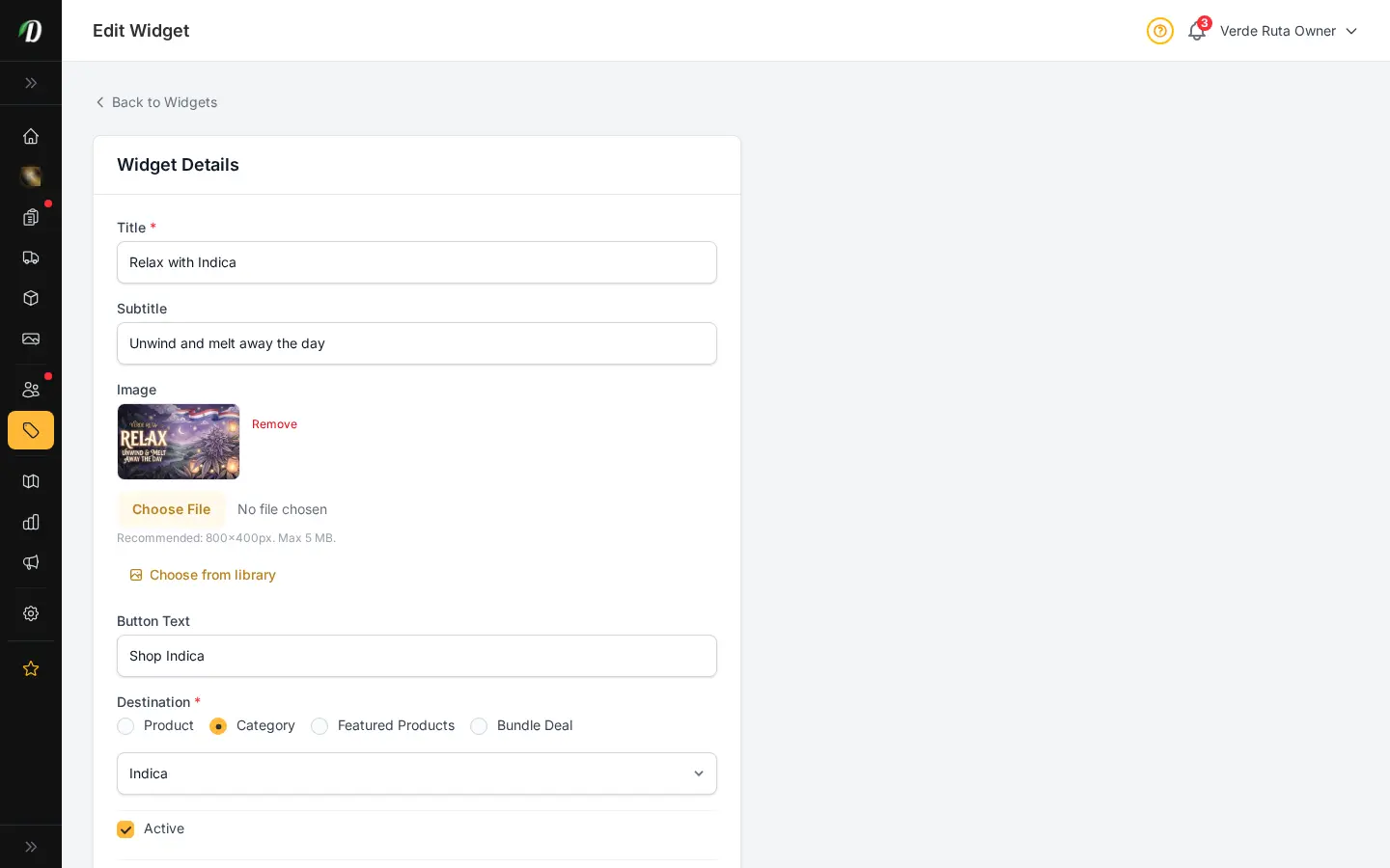 DabDash widget editor showing title, image, button text, destination, and visibility controls