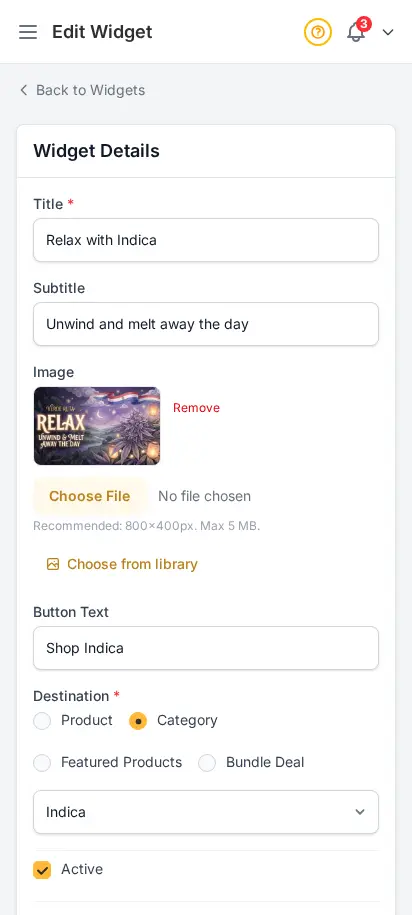 DabDash widget editor showing title, image, button text, destination, and visibility controls — mobile view