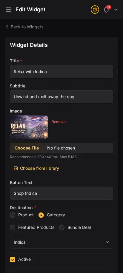 DabDash widget editor showing title, image, button text, destination, and visibility controls — mobile view
