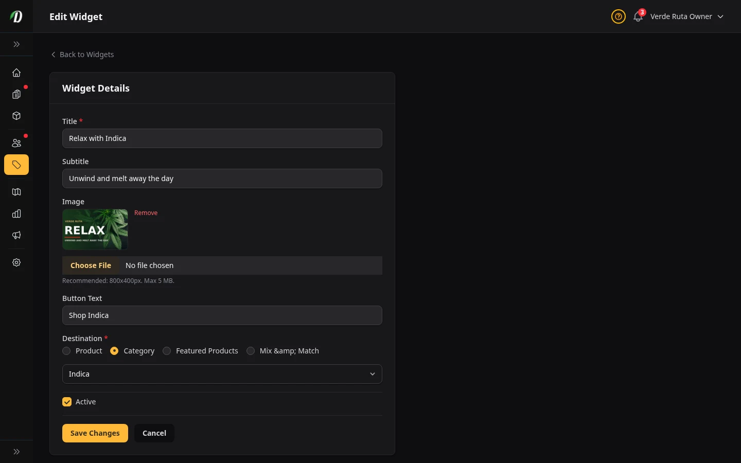 DabDash widget editor showing title, image, button text, destination, and visibility controls