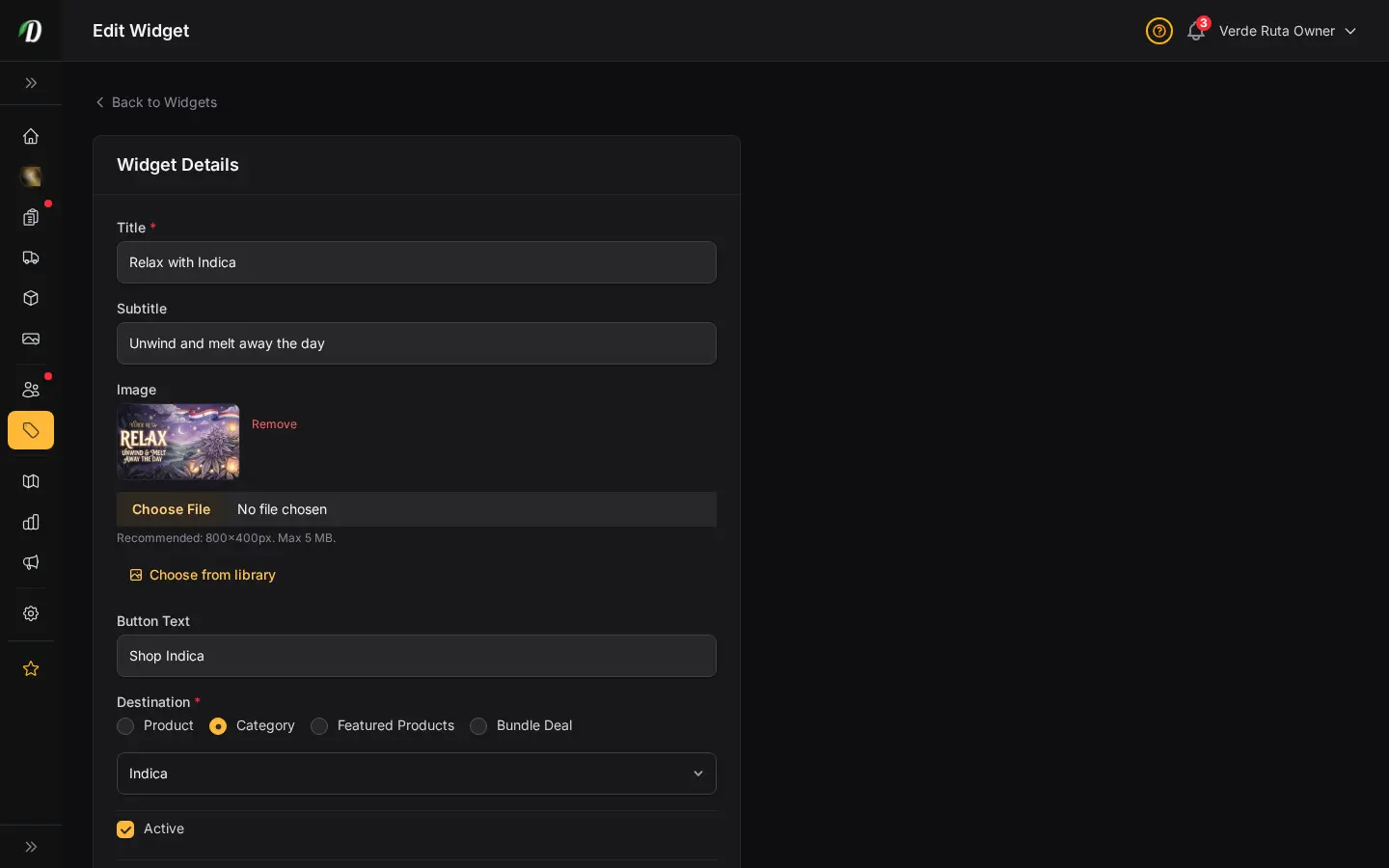 DabDash widget editor showing title, image, button text, destination, and visibility controls