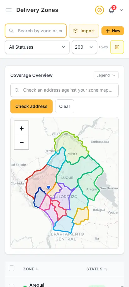 DabDash delivery zones page showing existing zones, fees, minimums, and coverage details — mobile view