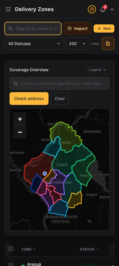DabDash delivery zones page showing existing zones, fees, minimums, and coverage details — mobile view