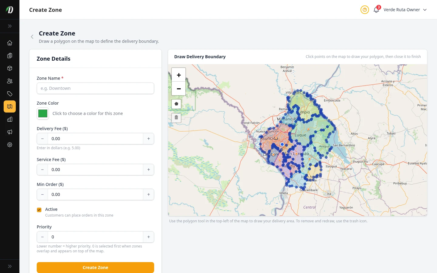 DabDash zone creation page showing an interactive map with the polygon drawing tool active and a details panel on the right with name, colour picker, fees, and active switch